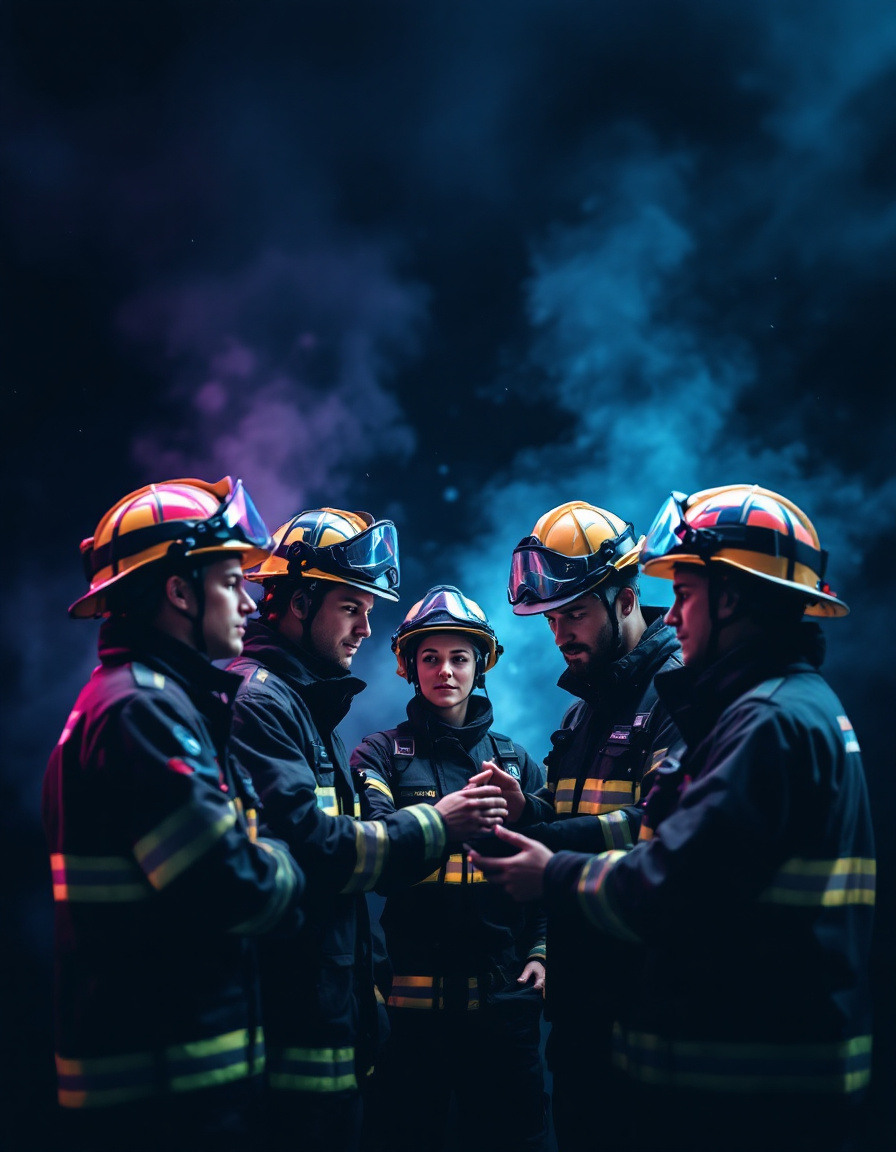 Firefighter crew reviewing fire safety after extinguishing a fire, fighter-led fire prevention.