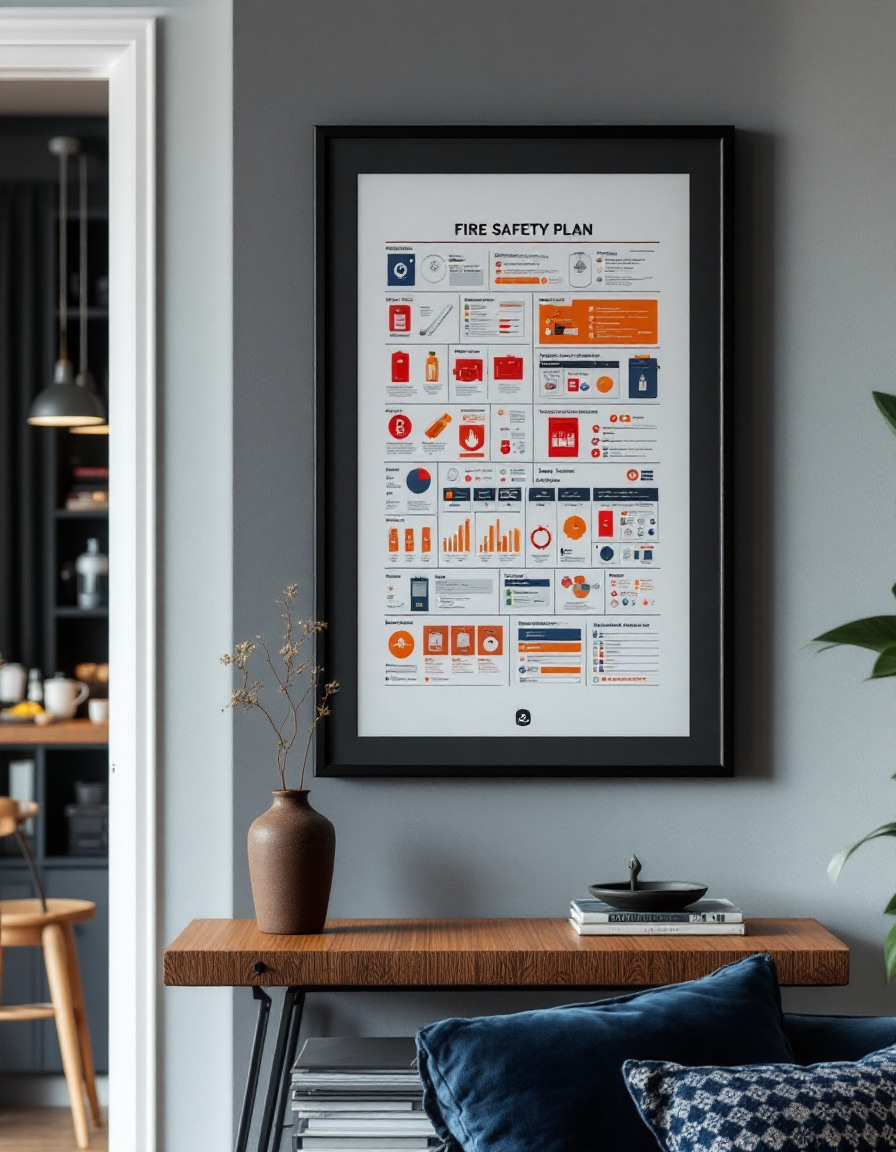 custom fire safety plan in a living room location to help with fire education, fire prevention, Emergency Evacuation Plan, Fire Escape Plan, and Fire Safety. 