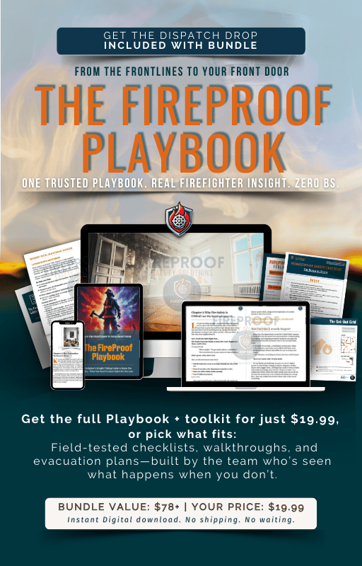 FireProof Playbook bundle with fire safety resources, including the playbook, safety checklists, evacuation plans, and bonus tools designed by real firefighters for protecting homes. 